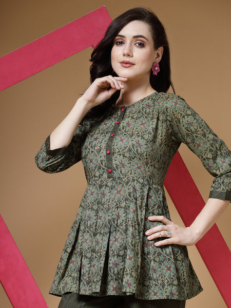 Indibelle Cotton Floral Print  Co-ord Set - Green