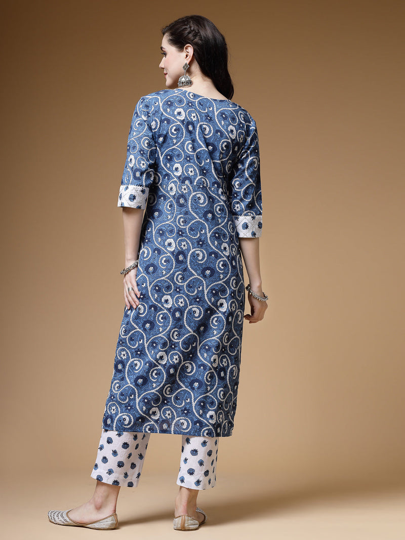 Indibelle Cotton Gotta Work Floral Print Straight Kurta (Blue)