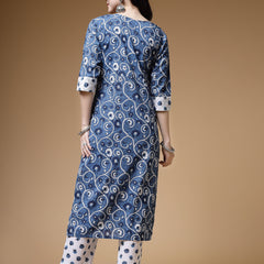 Indibelle Cotton Gotta Work Floral Print Straight Kurta (Blue)