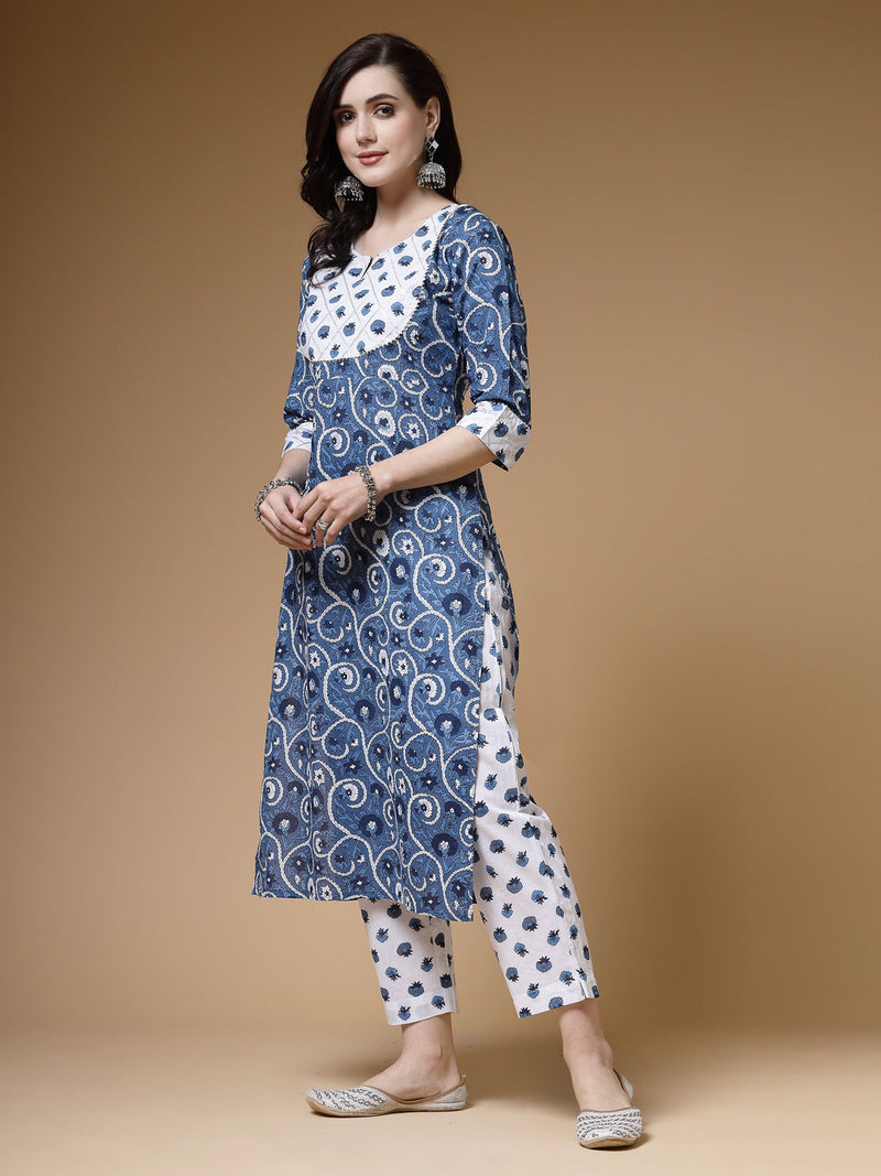 Indibelle Cotton Gotta Work Floral Print Straight Kurta (Blue)