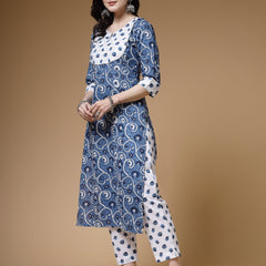 Indibelle Cotton Gotta Work Floral Print Straight Kurta (Blue)