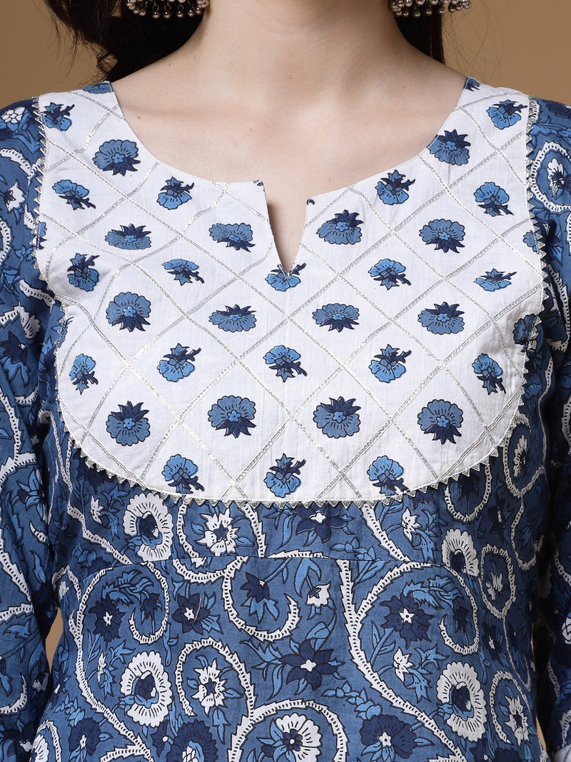 Indibelle Cotton Gotta Work Floral Print Straight Kurta (Blue)