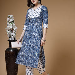 Indibelle Cotton Gotta Work Floral Print Straight Kurta (Blue)