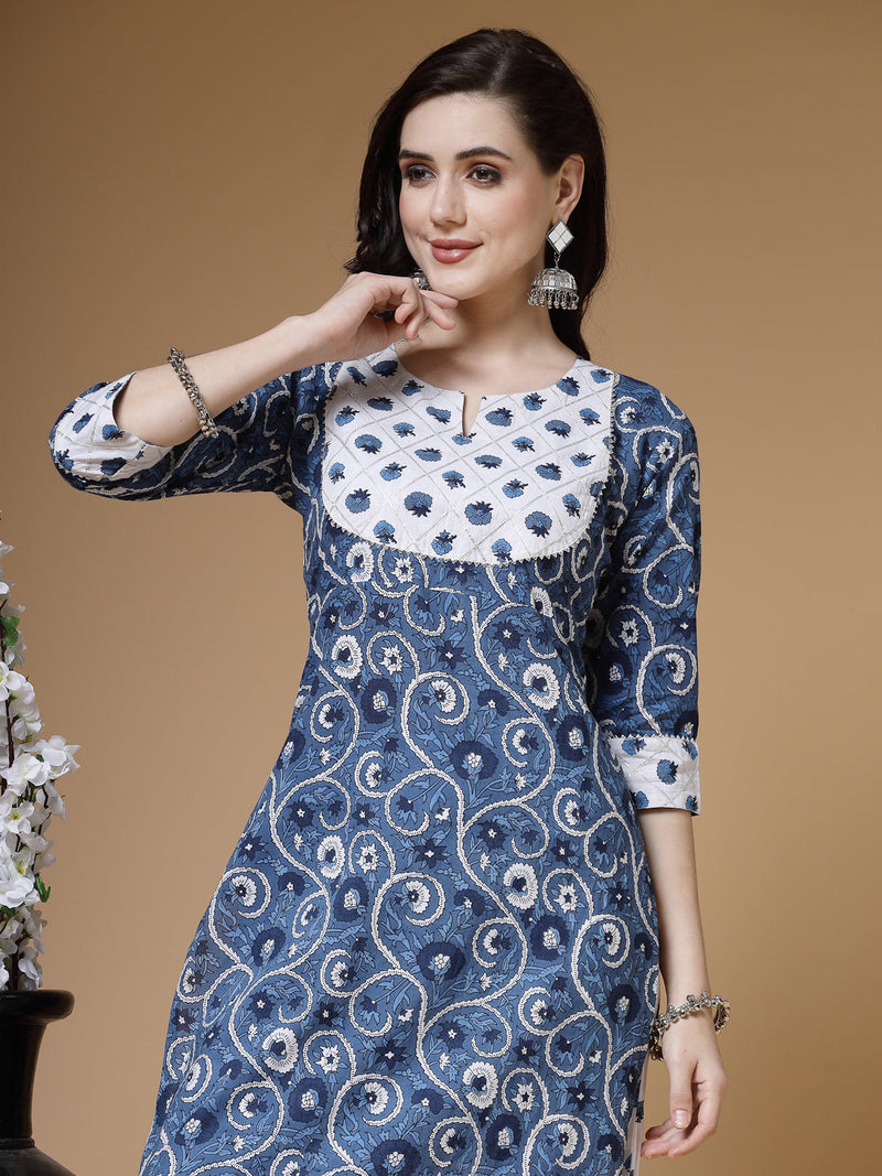 Indibelle Cotton Gotta Work Floral Print Straight Kurta (Blue)