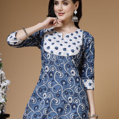 Indibelle Cotton Gotta Work Floral Print Straight Kurta (Blue)