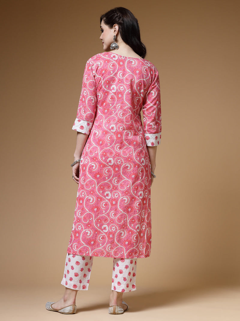 Indibelle Cotton Pink White Floral Print Straight Kurta 
