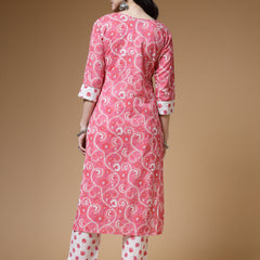 Indibelle Cotton Pink White Floral Print Straight Kurta 