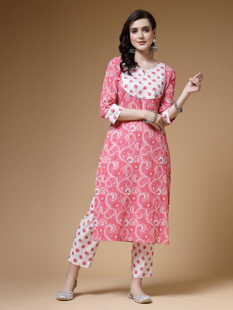 Indibelle Cotton Pink White Floral Print Straight Kurta 
