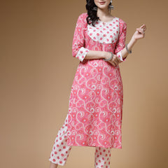 Indibelle Cotton Pink White Floral Print Straight Kurta 