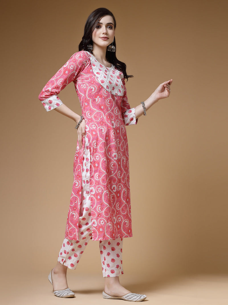 Indibelle Cotton Pink White Floral Print Straight Kurta 