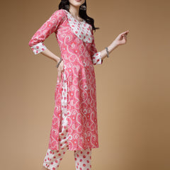 Indibelle Cotton Pink White Floral Print Straight Kurta 