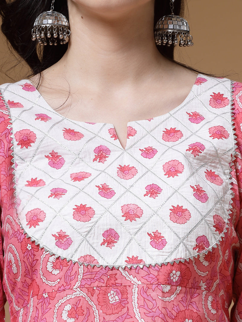 Indibelle Cotton Pink White Floral Print Straight Kurta 