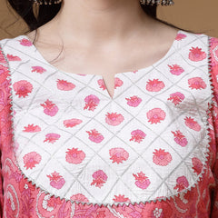Indibelle Cotton Pink White Floral Print Straight Kurta 