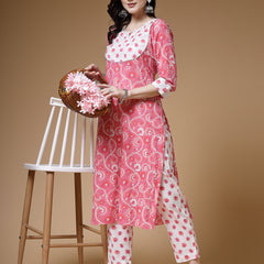 Indibelle Cotton Pink White Floral Print Straight Kurta 