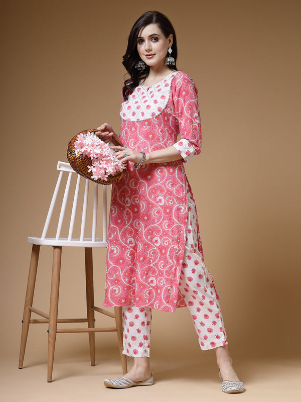 Indibelle Cotton Pink White Floral Print Straight Kurta 