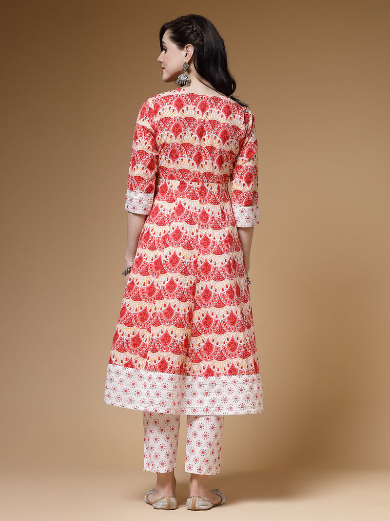 Indibelle Cotton Floral print A-Line Kurta (Peach)