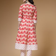 Indibelle Cotton Floral print A-Line Kurta (Peach)