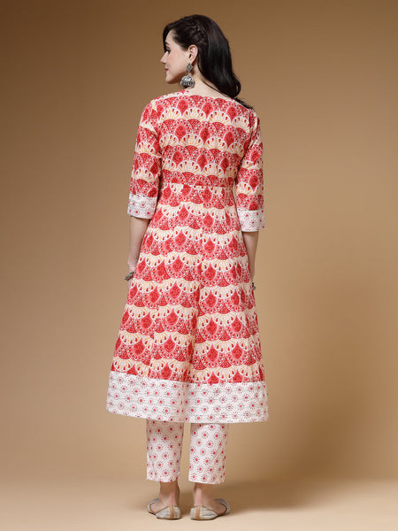 Indibelle Cotton Floral print A-Line Kurta (Peach)
