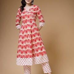 Indibelle Cotton Floral print A-Line Kurta (Peach)