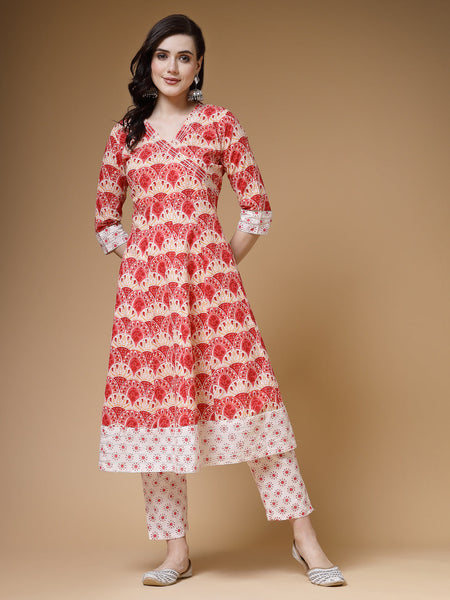 Indibelle Cotton Floral print A-Line Kurta (Peach)