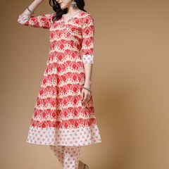 Indibelle Cotton Floral print A-Line Kurta (Peach)