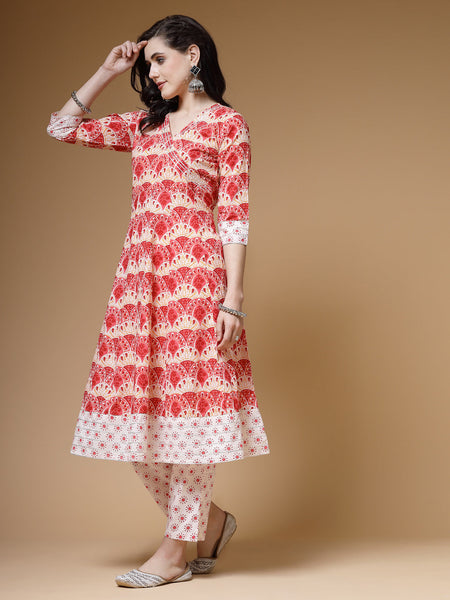 Indibelle Cotton Floral print A-Line Kurta (Peach)