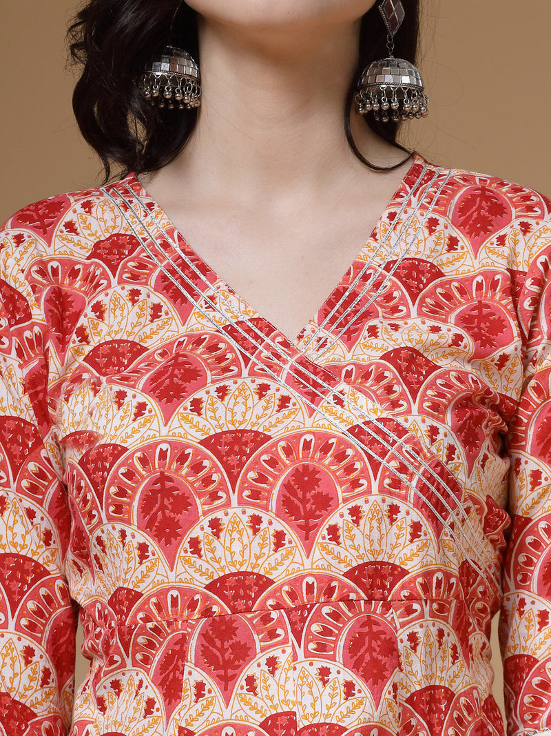 Indibelle Cotton Floral print A-Line Kurta (Peach)