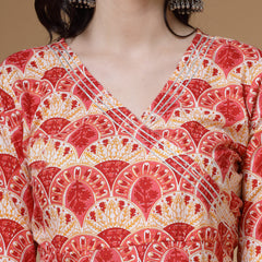 Indibelle Cotton Floral print A-Line Kurta (Peach)
