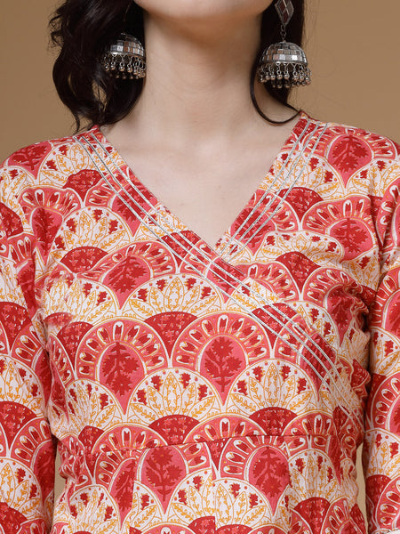 Indibelle Cotton Floral print A-Line Kurta (Peach)