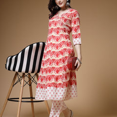 Indibelle Cotton Floral print A-Line Kurta (Peach)