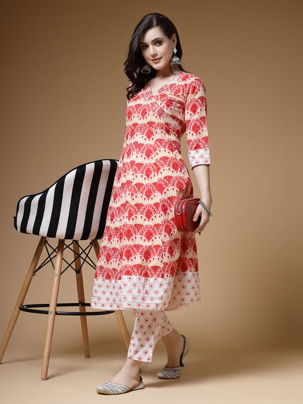 Indibelle Cotton Floral print A-Line Kurta (Peach)