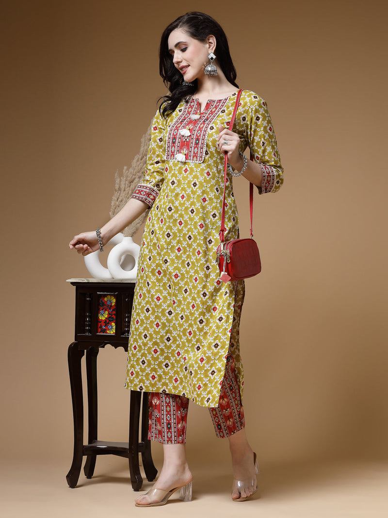 Indibelle Cotton Pista Green Floral Print Straight Kurta 
