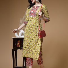 Indibelle Cotton Pista Green Floral Print Straight Kurta 