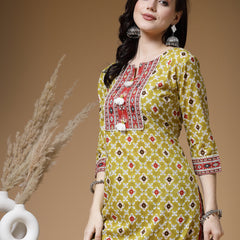 Indibelle Cotton Pista Green Floral Print Straight Kurta 