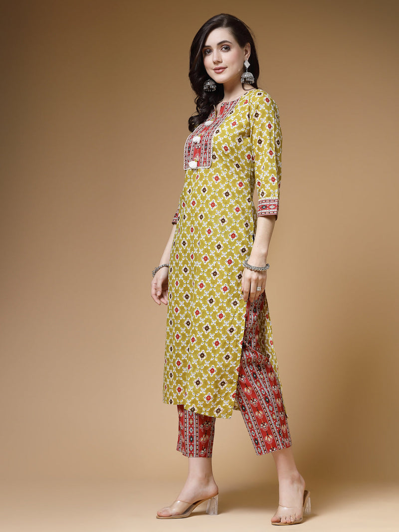 Indibelle Cotton Pista Green Floral Print Straight Kurta 