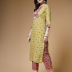 Indibelle Cotton Pista Green Floral Print Straight Kurta 