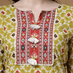 Indibelle Cotton Pista Green Floral Print Straight Kurta 