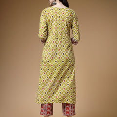 Indibelle Cotton Pista Green Floral Print Straight Kurta 