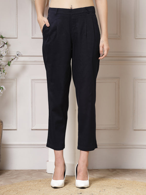 Indibelle Viscose Lycra Premium Straight Fit Trousers (Blue)
