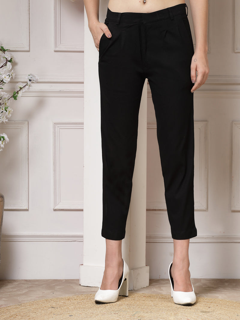 Indibelle Viscose Lycra Premium Straight Fit Trousers (Black)