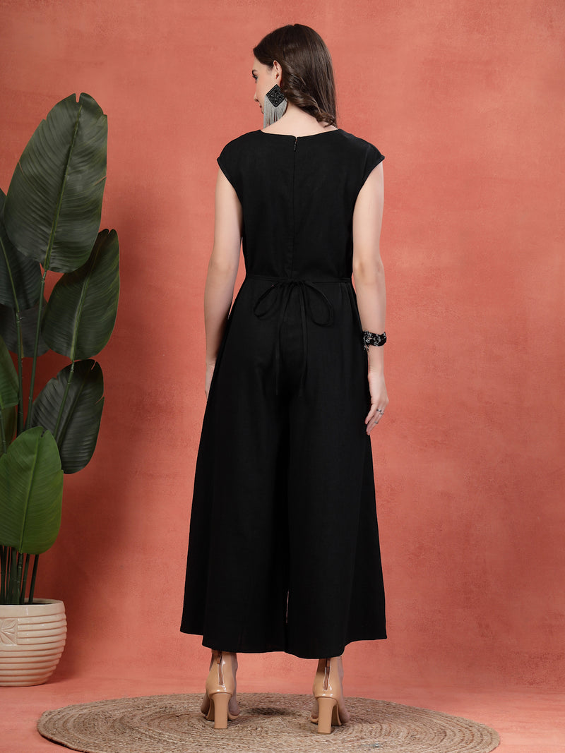 Indibelle Linen Flared Long Jumpsuit (Black)