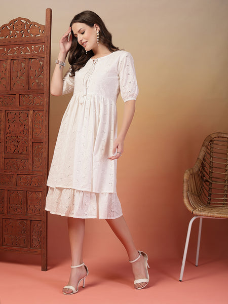Indibelle Cotton Schiffli Solid Dress(White)