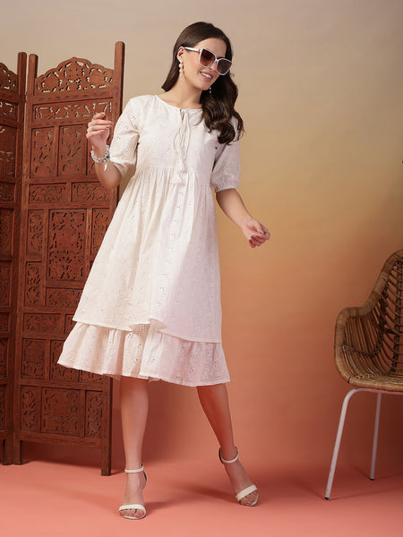 Indibelle Cotton Schiffli Solid Dress(White)