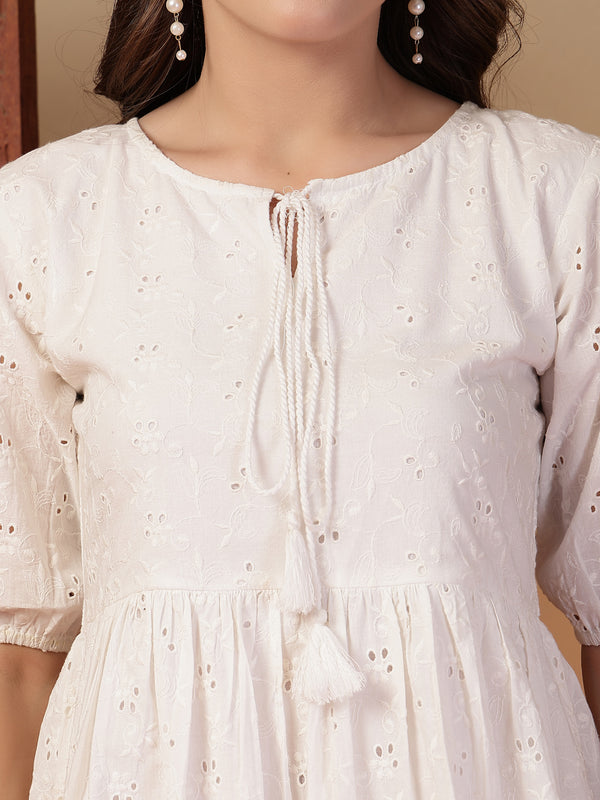 Indibelle Cotton Schiffli Solid Dress