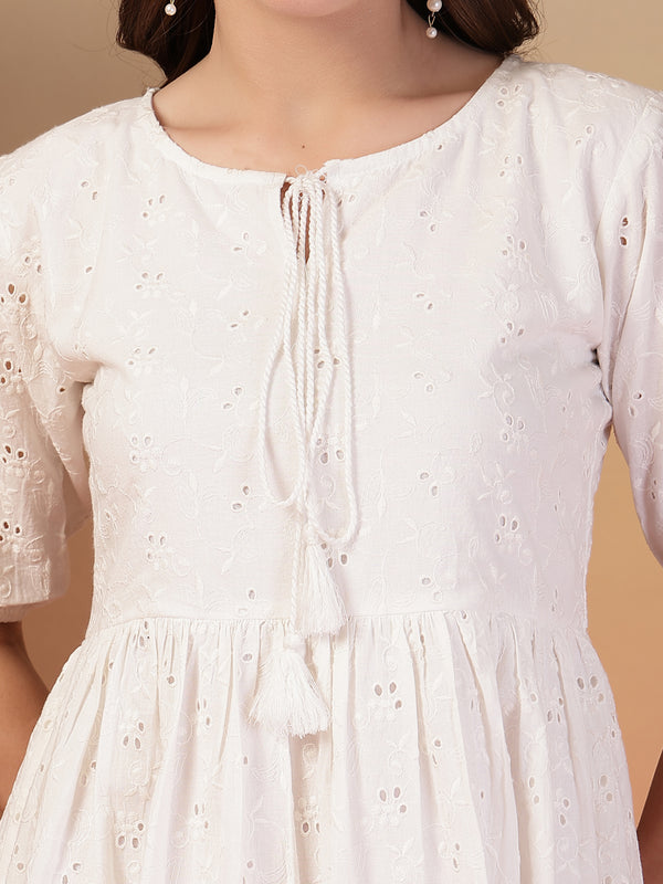 Indibelle Cotton Schiffli Solid Dress