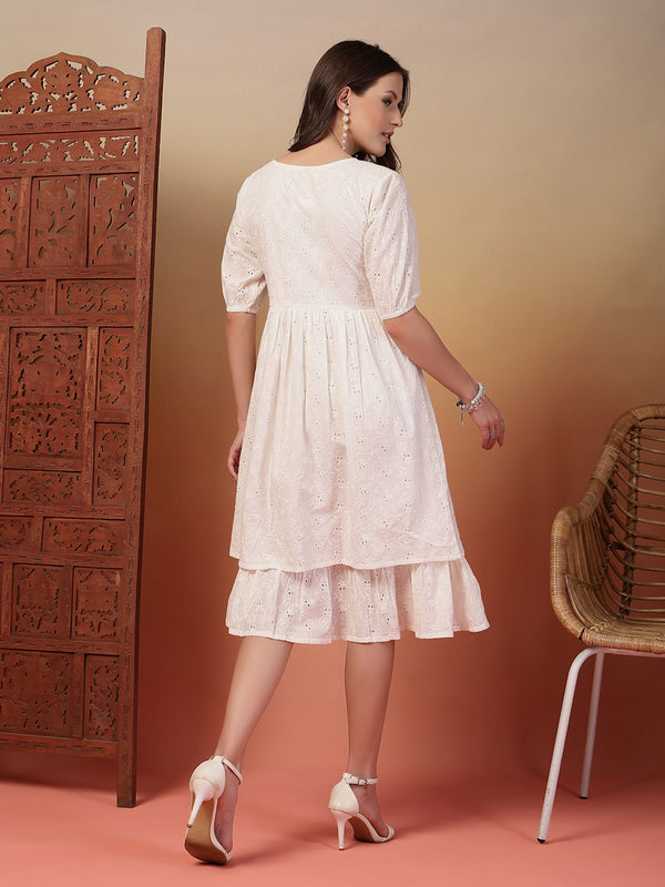 Indibelle Cotton Schiffli Solid Dress
