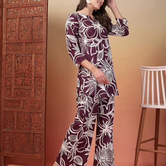 Indibelle Rayon Abstarct Print Co-ord Set (Purple)
