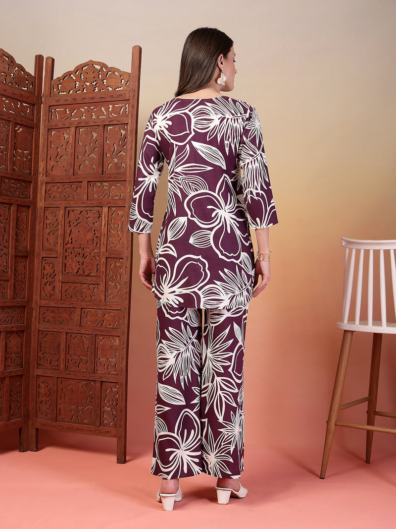 Indibelle Rayon Abstarct Print Co-ord Set (Purple)