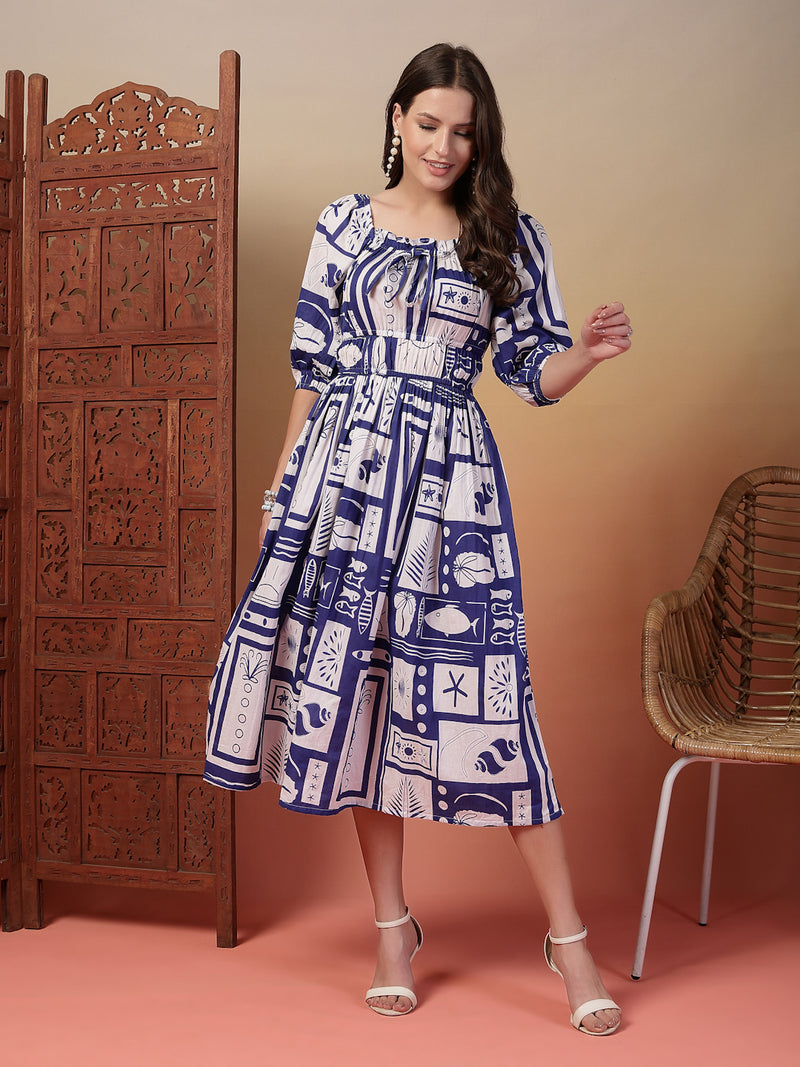 Indibelle Cotton Abstract Print Flared Dress (Blue)