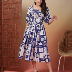 Indibelle Cotton Abstract Print Flared Dress (Blue)